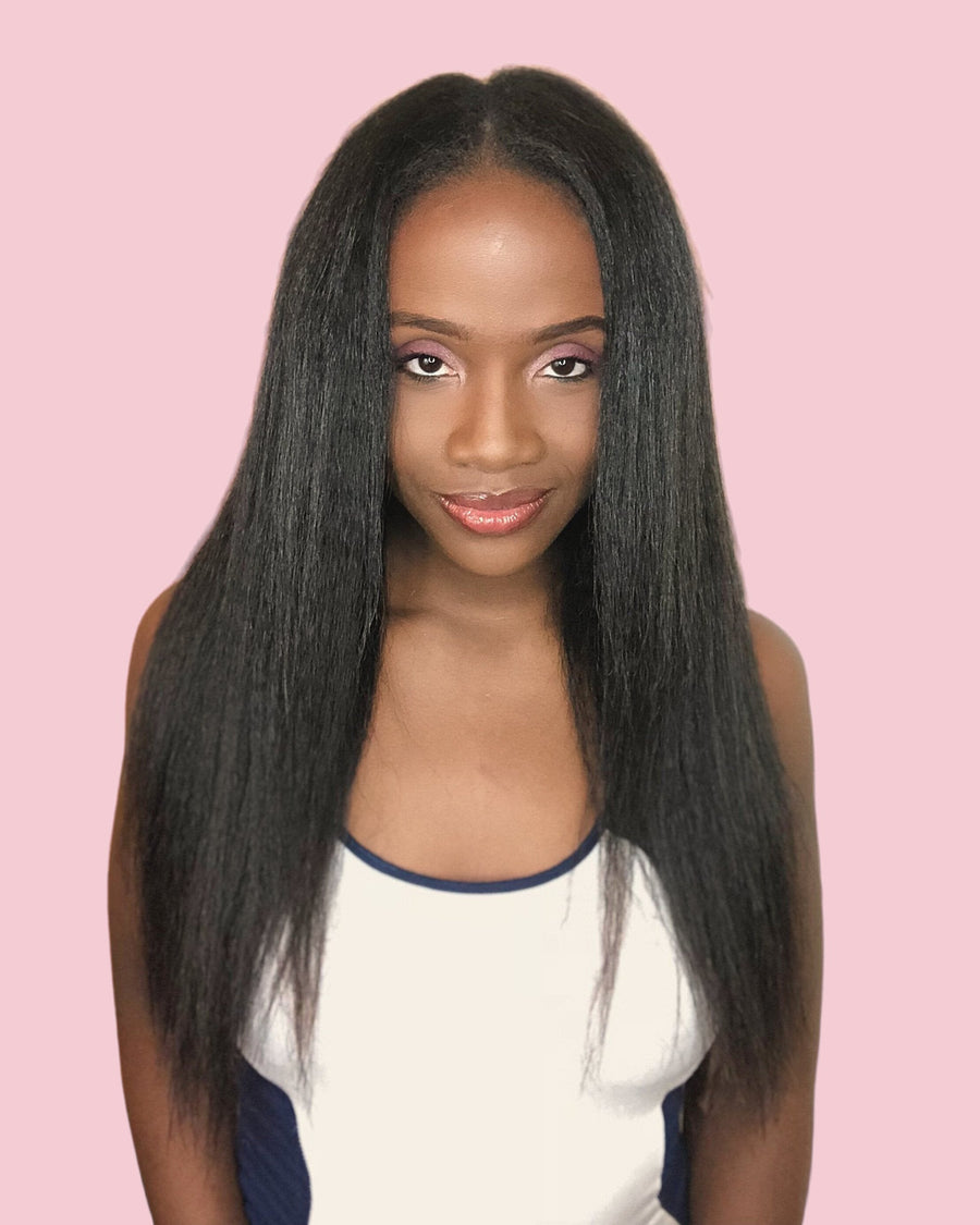 Model wearing a Virginia kinky straight Signature Set, long blown-out texture