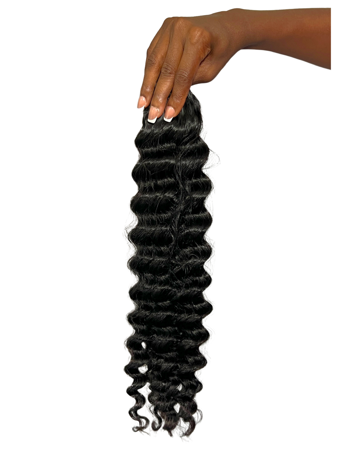 Pack of Treme loose curly feather crochet hair held up to show length