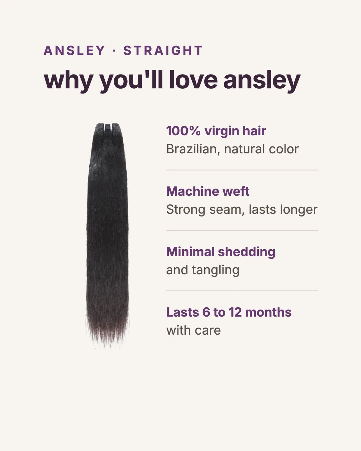 Why you'll love Ansley straight: 100% virgin hair in natural color, machine weft, minimal shedding and tangling, lasts 6 to 12 months with care