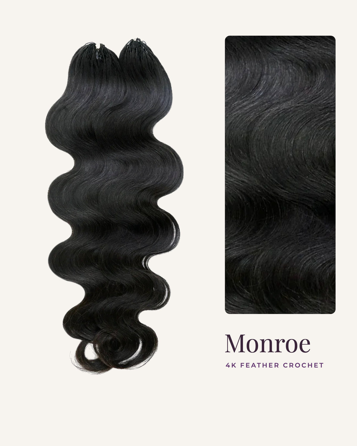 Monroe body wave 4K Feather Crochet packs with a close-up of the wave texture