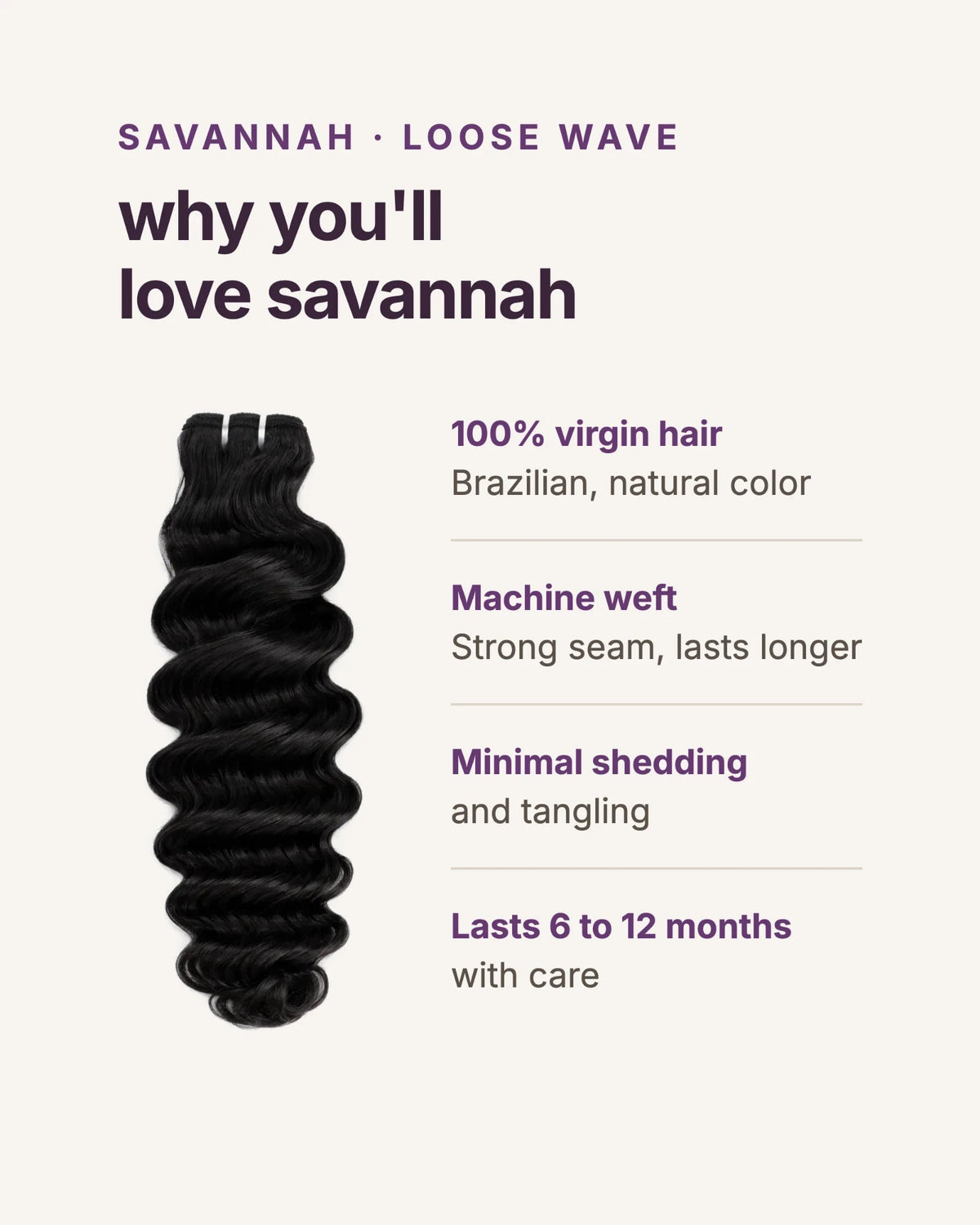 Why you'll love Savannah loose wave: 100% virgin hair in natural color, machine weft, minimal shedding and tangling, lasts 6 to 12 months with care