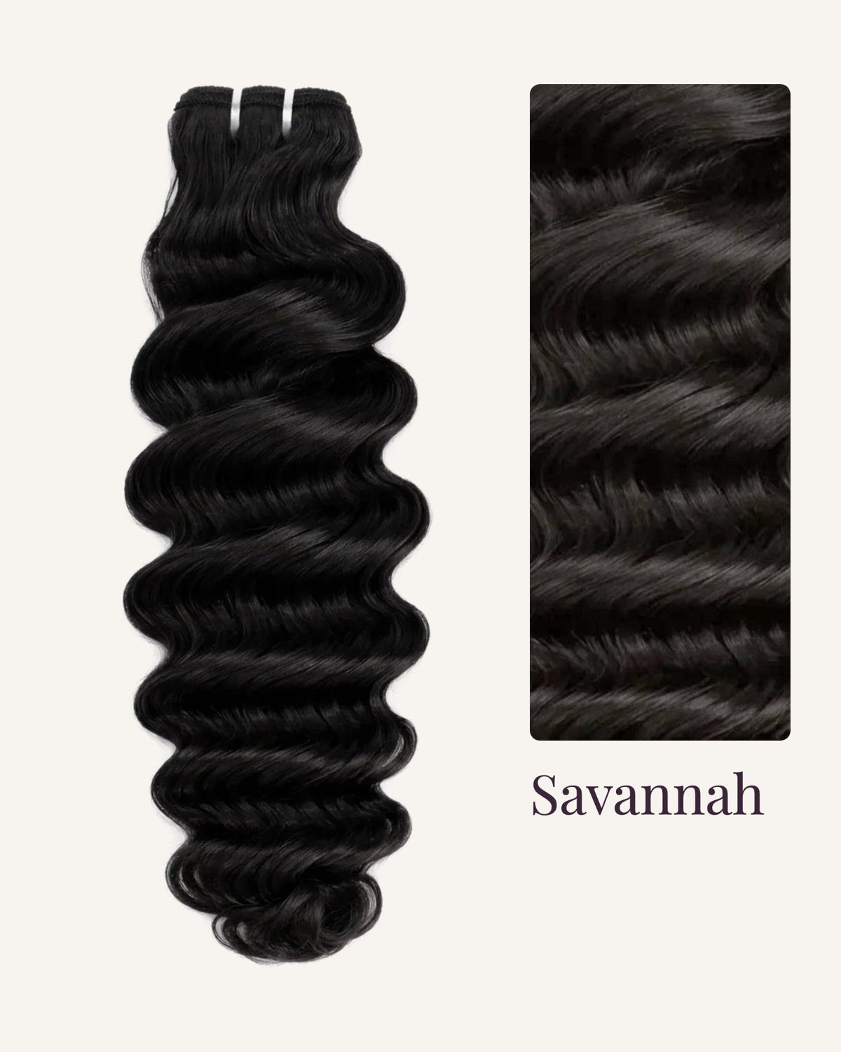 Savannah loose wave virgin hair bundle with a close-up of the wave texture