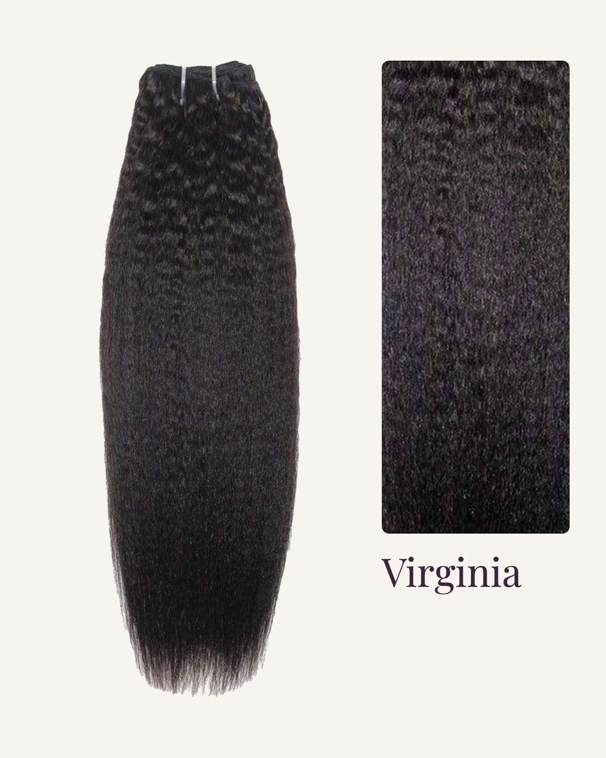 Virginia kinky straight virgin hair bundle with a close-up of the blown-out texture