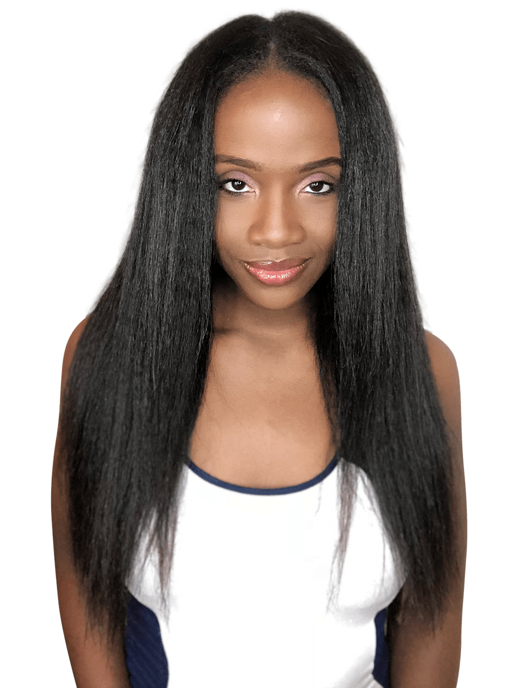 Model wearing Virginia kinky straight bundles that blend with natural 4b and 4c hair, front view